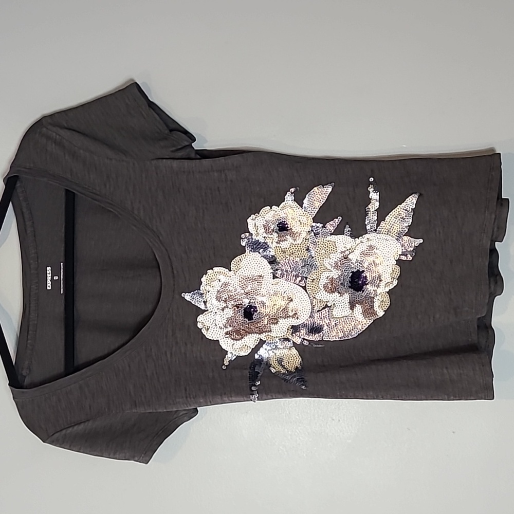 Y2K Vintage Express Sequin Floral Tee Glam‎ Top Womens Size XS